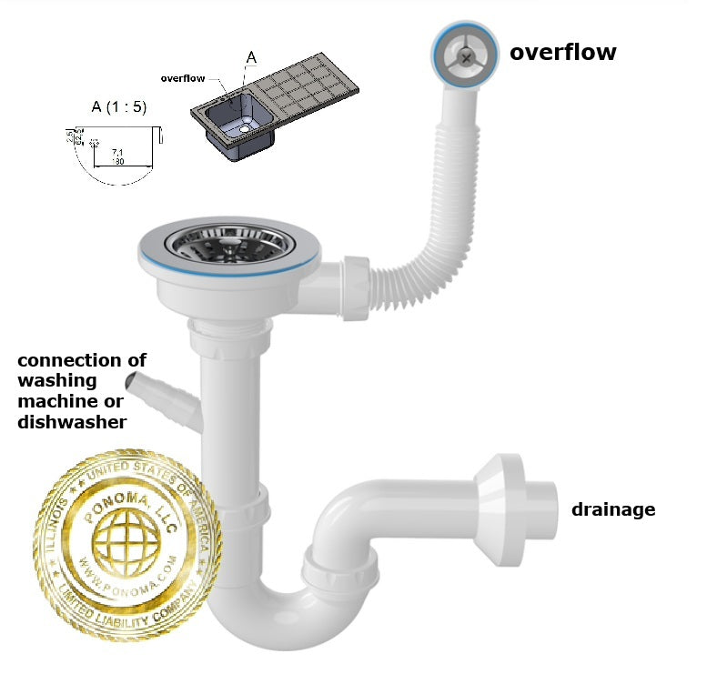 Siphon, drain, overflow for Stainless steel sink countertop Ponoma® with 2" backsplash, brushed seamless freeshipping - Ponoma