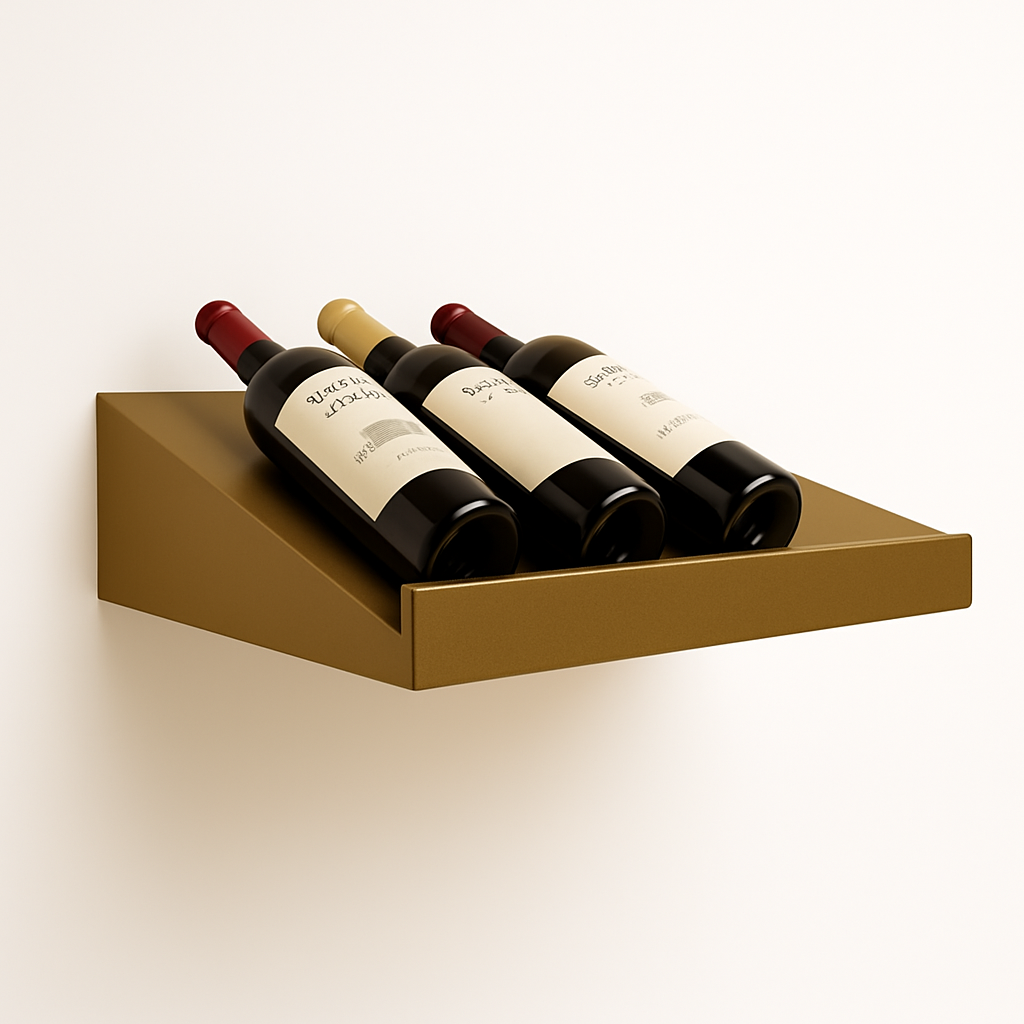 Gold wine rack holding four bottles of wine on a beige background