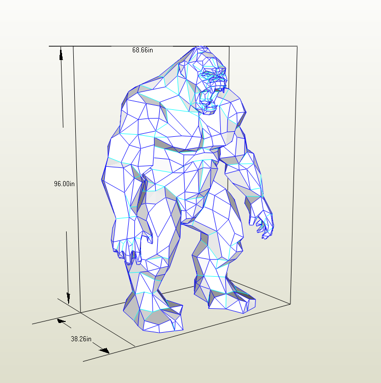 Geometric model of a gorilla with dimensions indicated on a white background