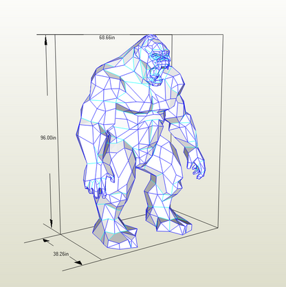 Geometric model of a gorilla with dimensions indicated on a white background