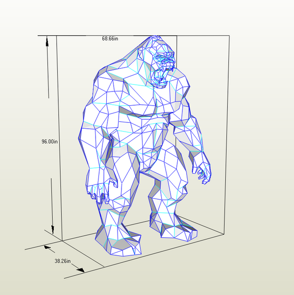 Geometric model of a gorilla with dimensions indicated on a white background