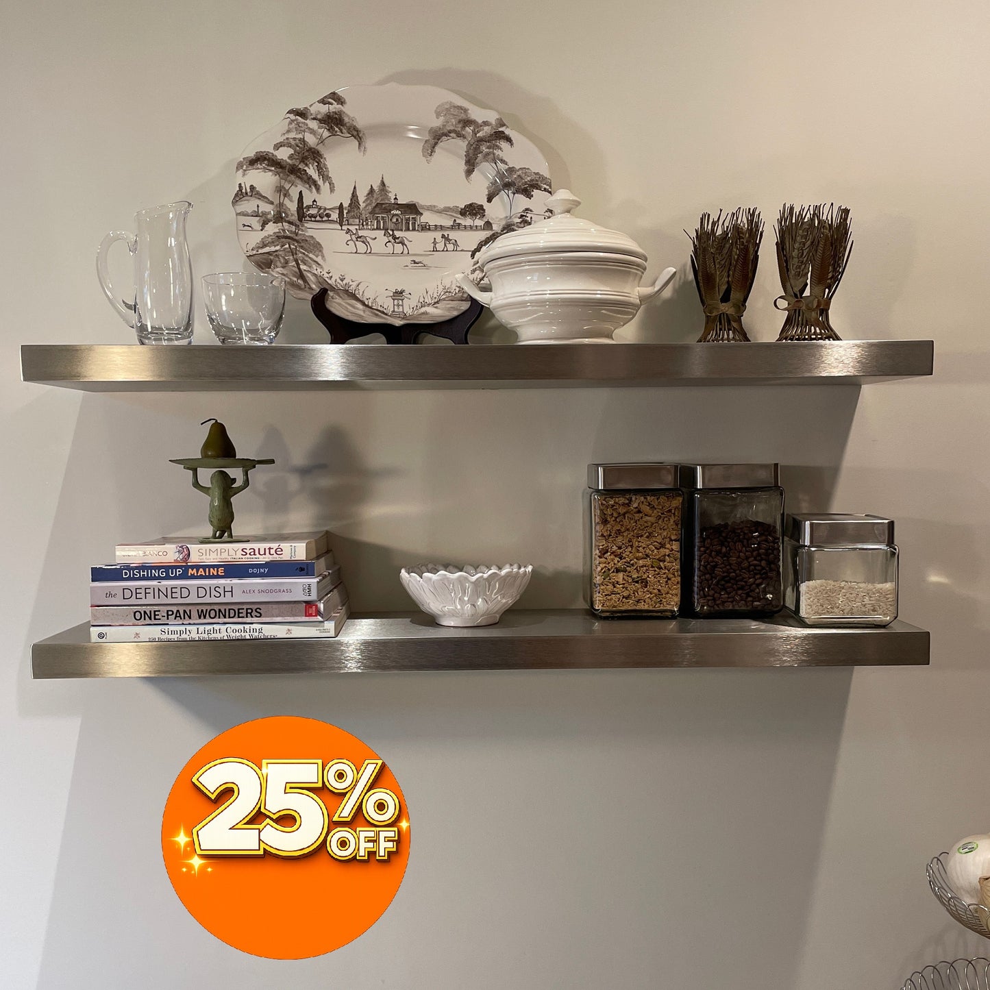 Decorative shelves with kitchen items and a 25% off sale label.
