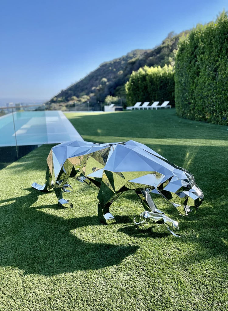 stainless steel sculpture, metal art, panther sculpture