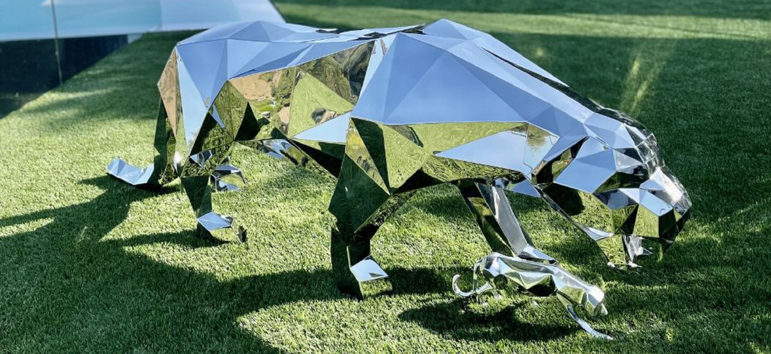 stainless steel sculpture, metal art, panther sculpture