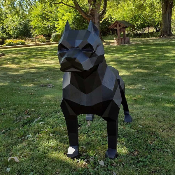 pitbull statue, metal sculpture of a pitbull