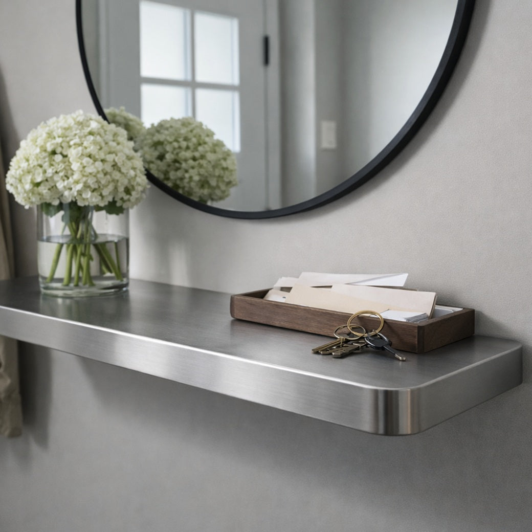 Modern wall-mounted shelf with a round mirror, flowers, and keys on a neutral background