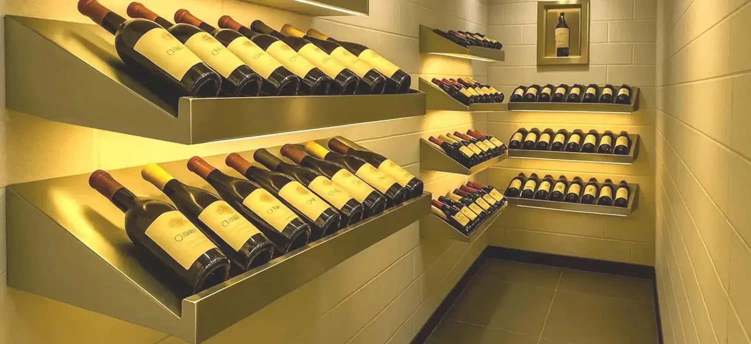 Wine cellar with shelves filled with wine bottles in a dimly lit room.